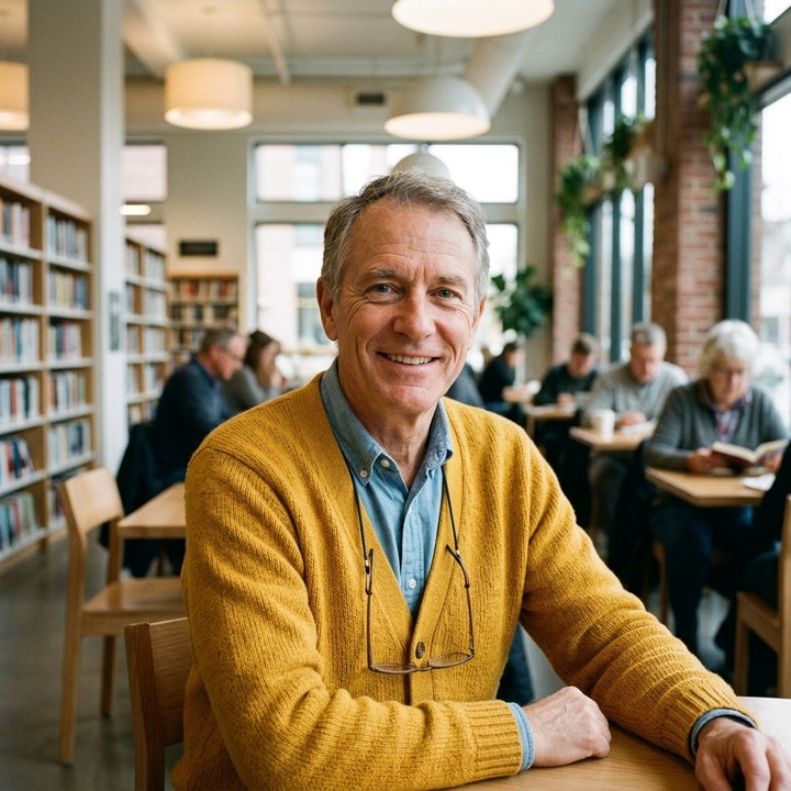 A smiling man in a yellow cardigan sitting in a bright library cafe