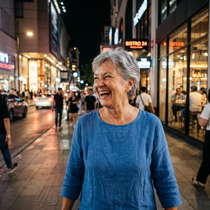 A smiling woman in a blue top walking through a city street in the evening