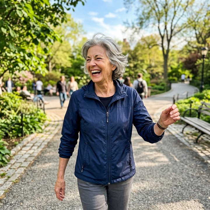A woman laughing on a sunny park path during a morning walk